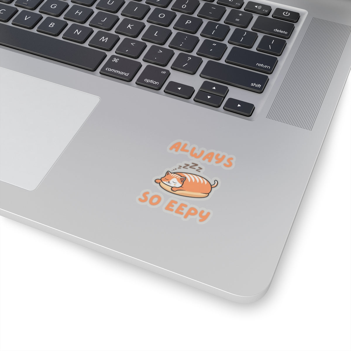 2x2 transparent cute always so eepy loaf cat sticker with orange eepy cat design on a laptop