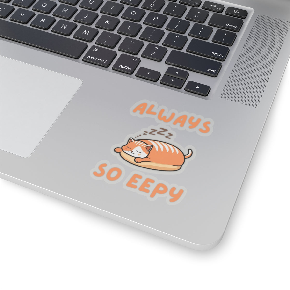 3x3 transparent cute always so eepy loaf cat sticker with orange eepy cat design on a laptop