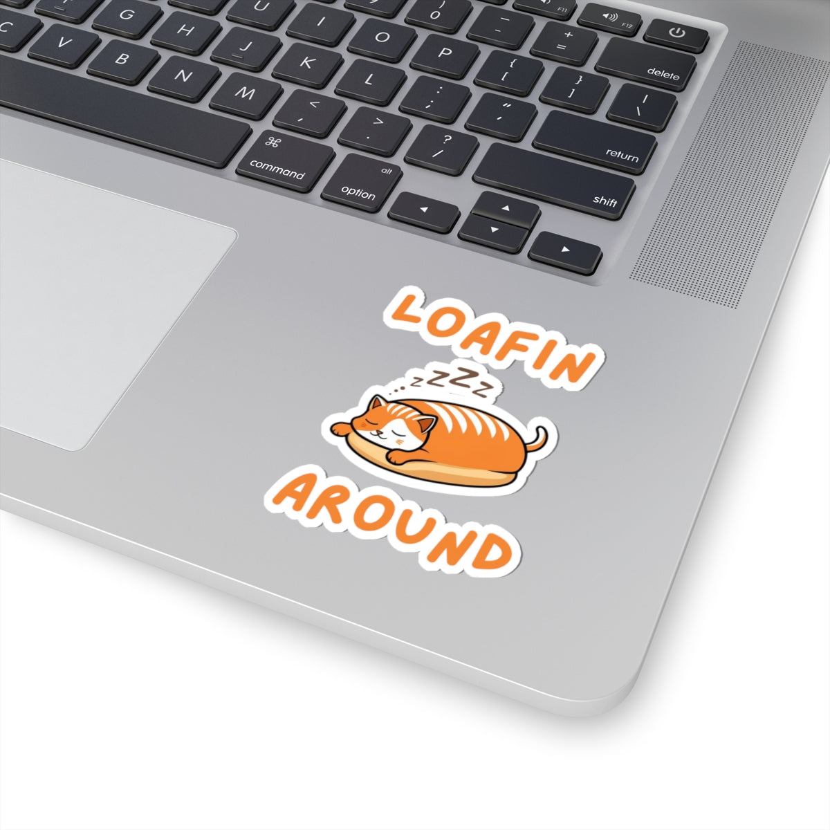 3x3 white cute loafin around loaf cat sticker with orange eepy cat design on a laptop