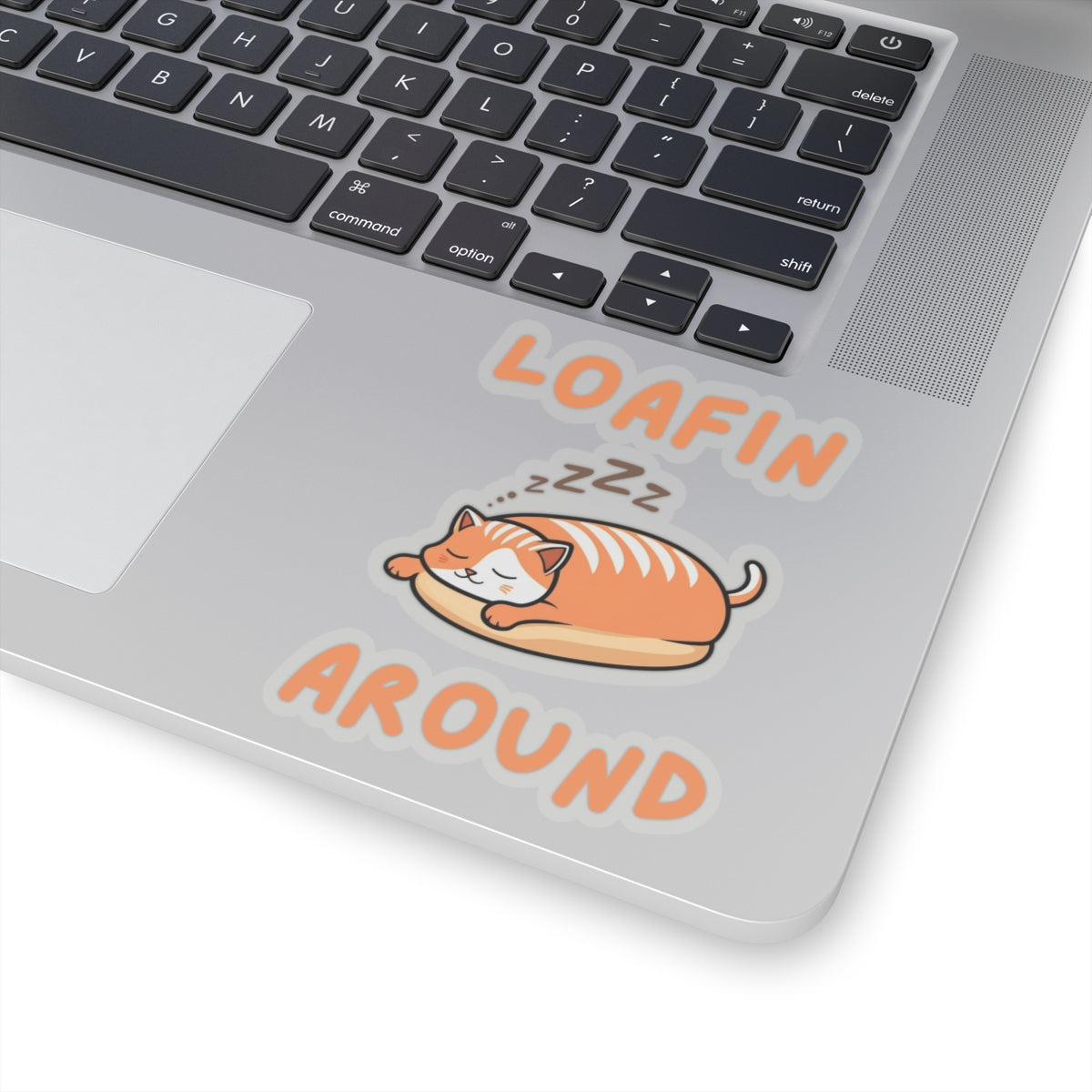 4x4 transparent cute loafin around loaf cat sticker with orange eepy cat design on a laptop