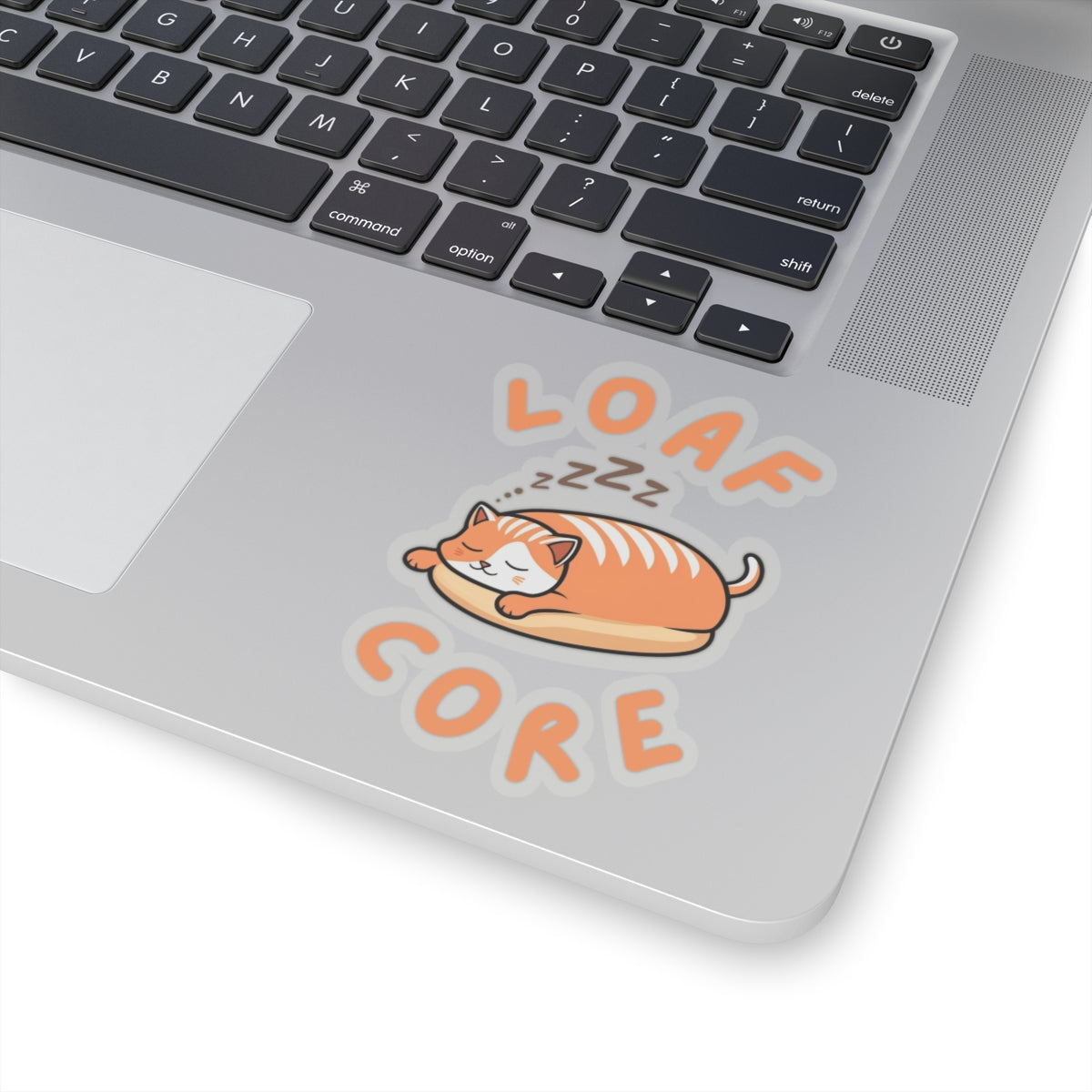 4x4 transparent cute loaf cat sticker with orange eepy cat design on a laptop