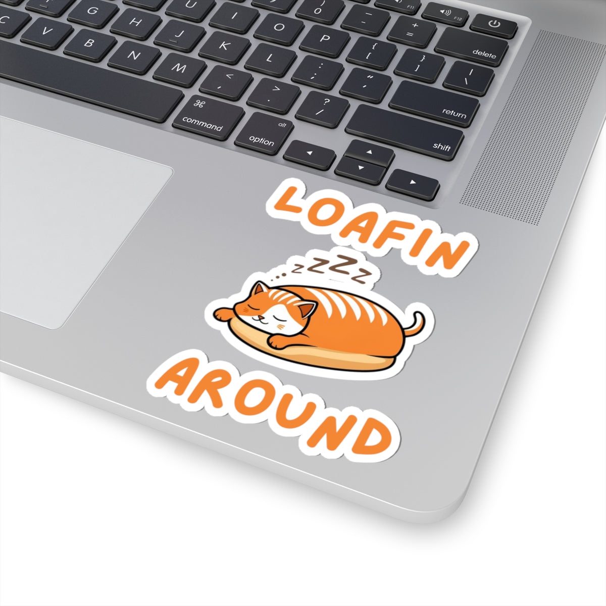 4x4 white cute loafin around loaf cat sticker with orange eepy cat design on a laptop