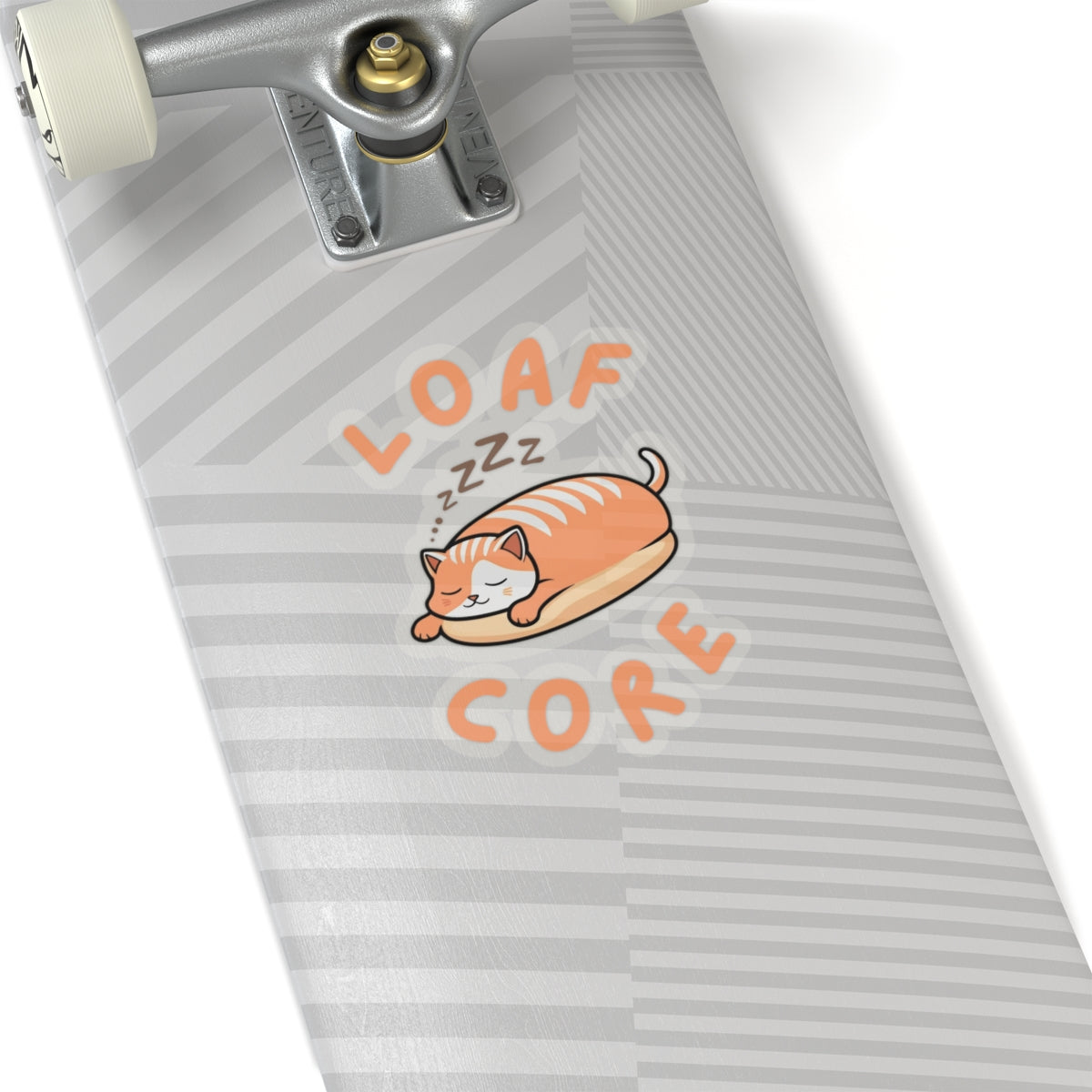 6x6 transparent cute loaf cat sticker with orange eepy cat design on a skateboard deck