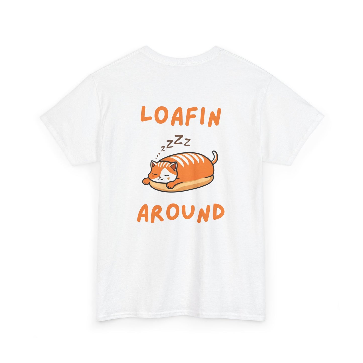 Back view of white Loafin Around Loaf Core t-shirt with eepy loaf cat graphic