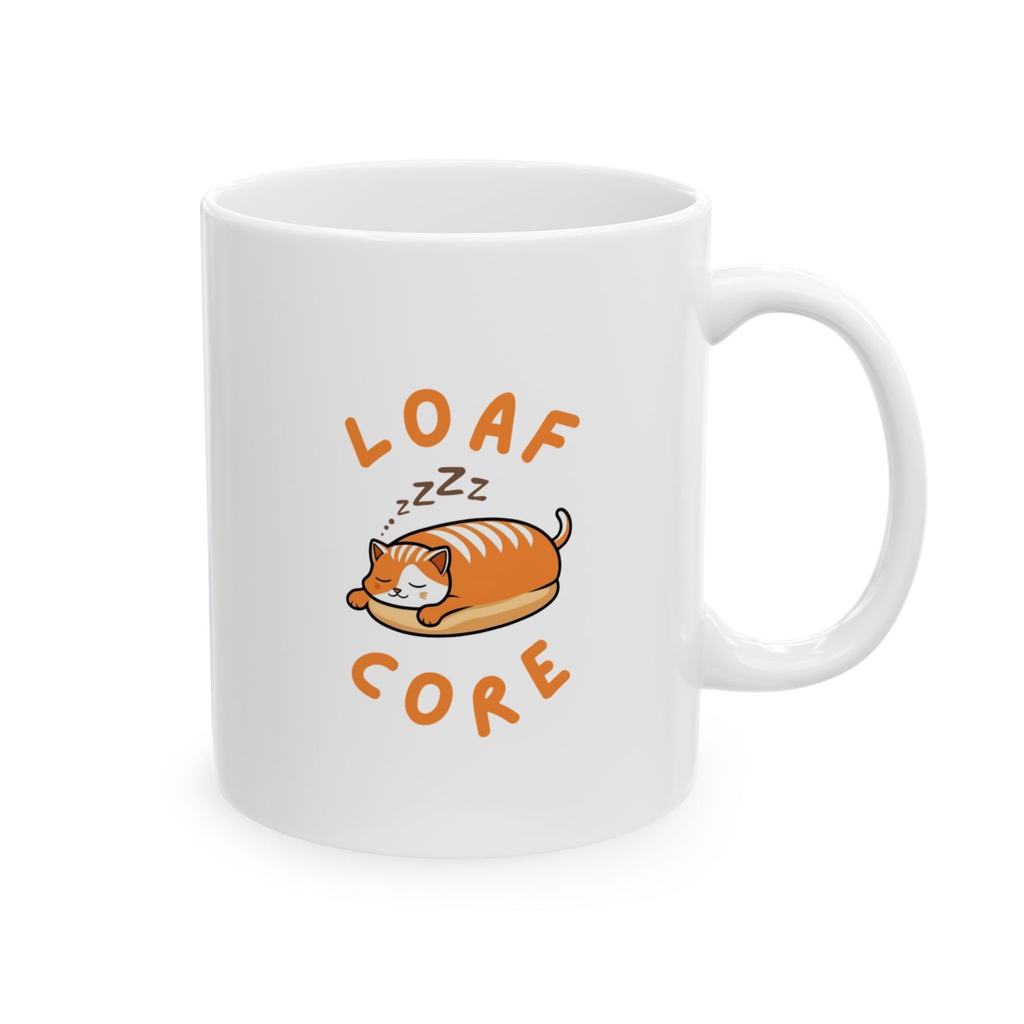 Handle on the right view of Loaf Core cat mug with eepy cat design