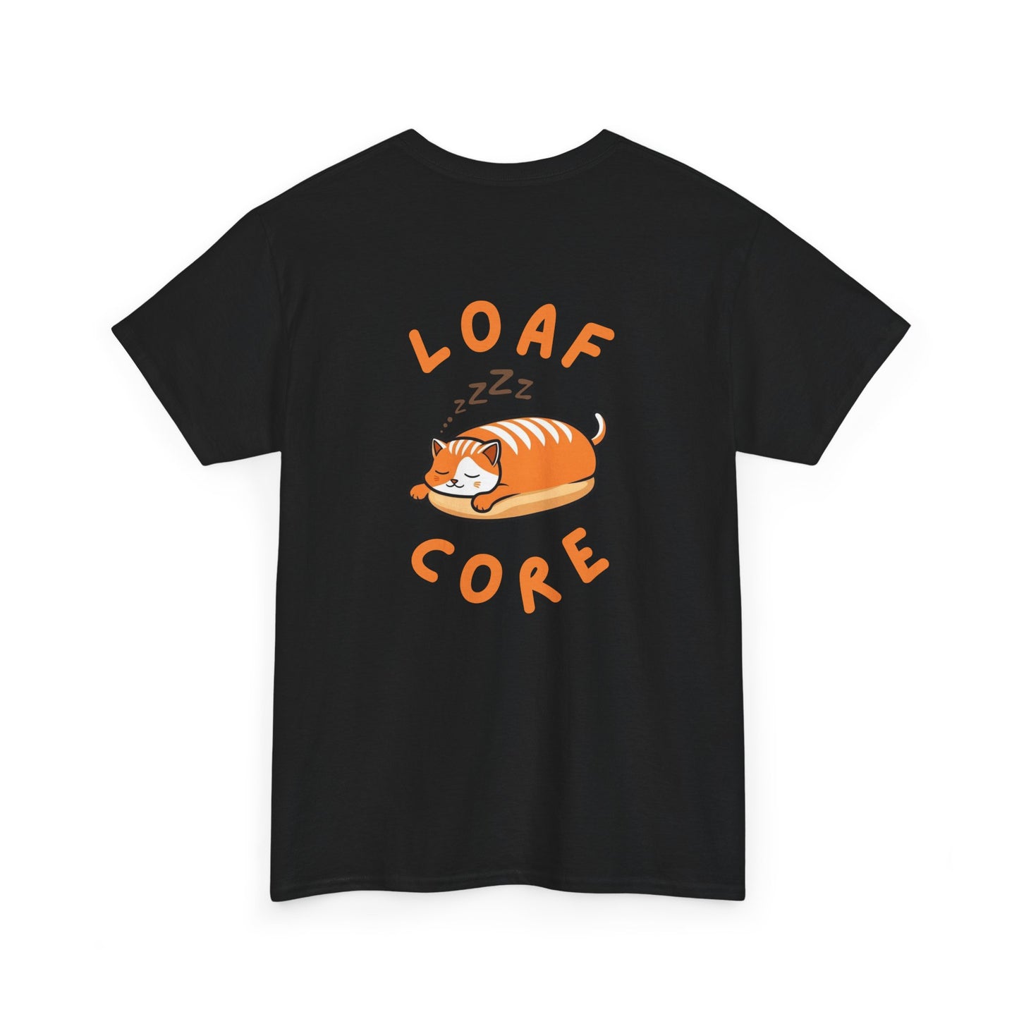 Back view of black cat shirt with eepy loaf cat graphic