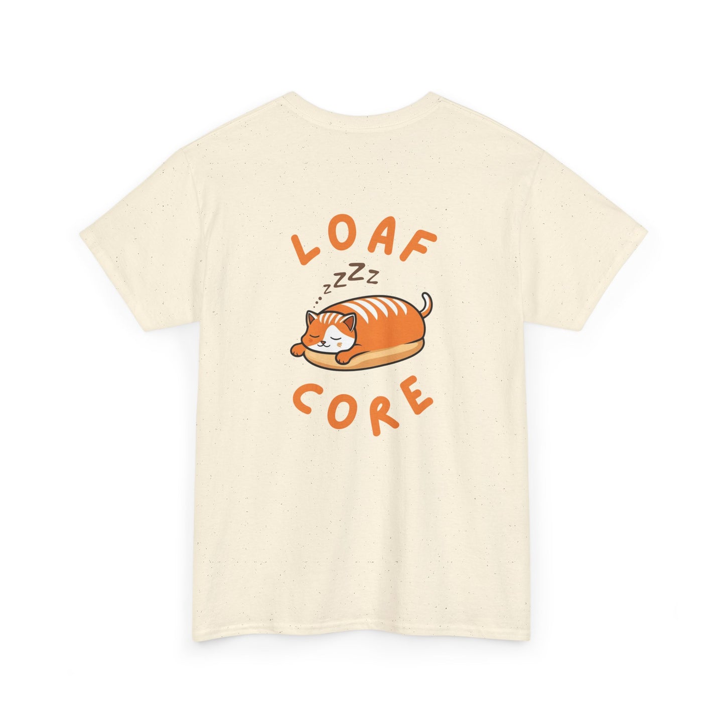 Back view of natural cat shirt with eepy loaf cat graphic