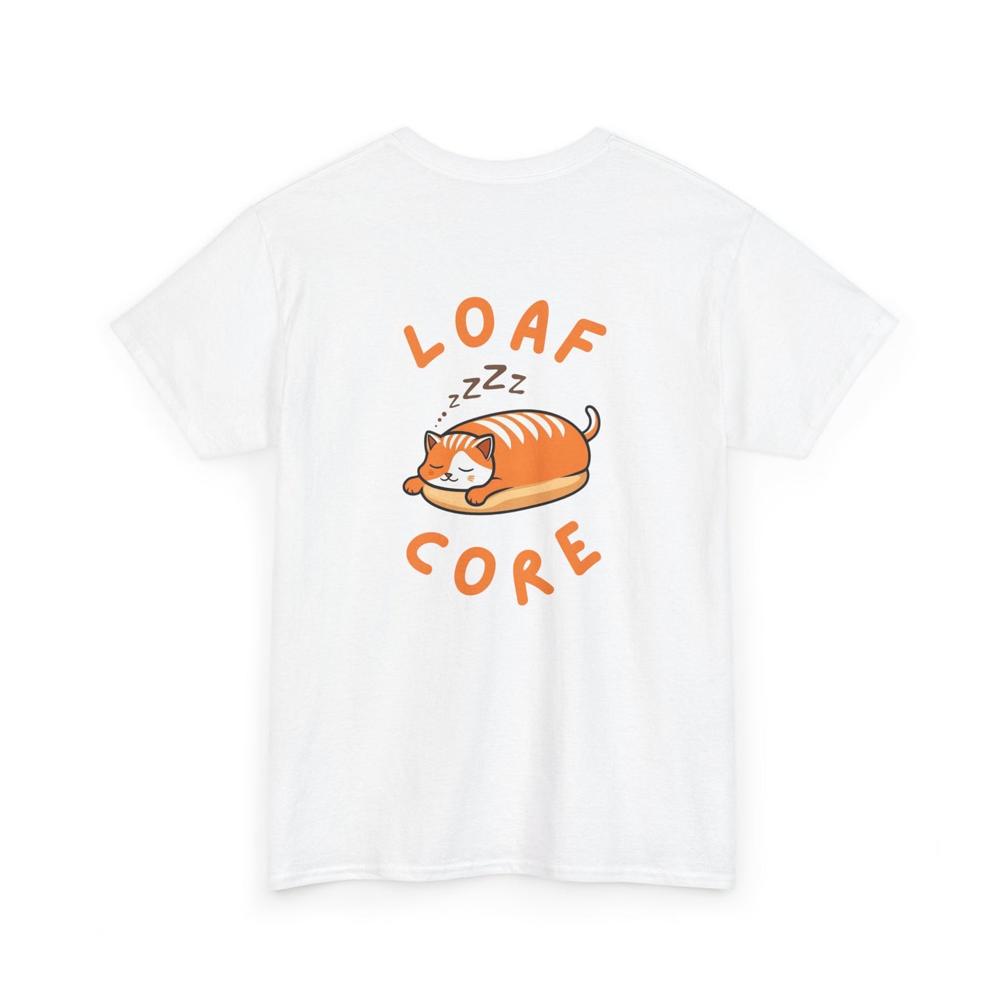 Back view of white cat shirt with eepy loaf cat graphic