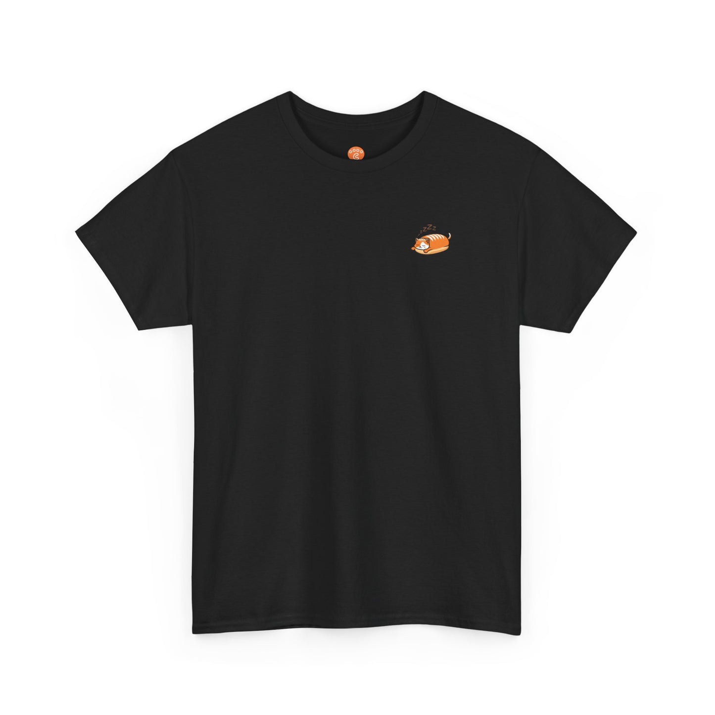 Front view of black cat shirt with eepy loaf cat graphic