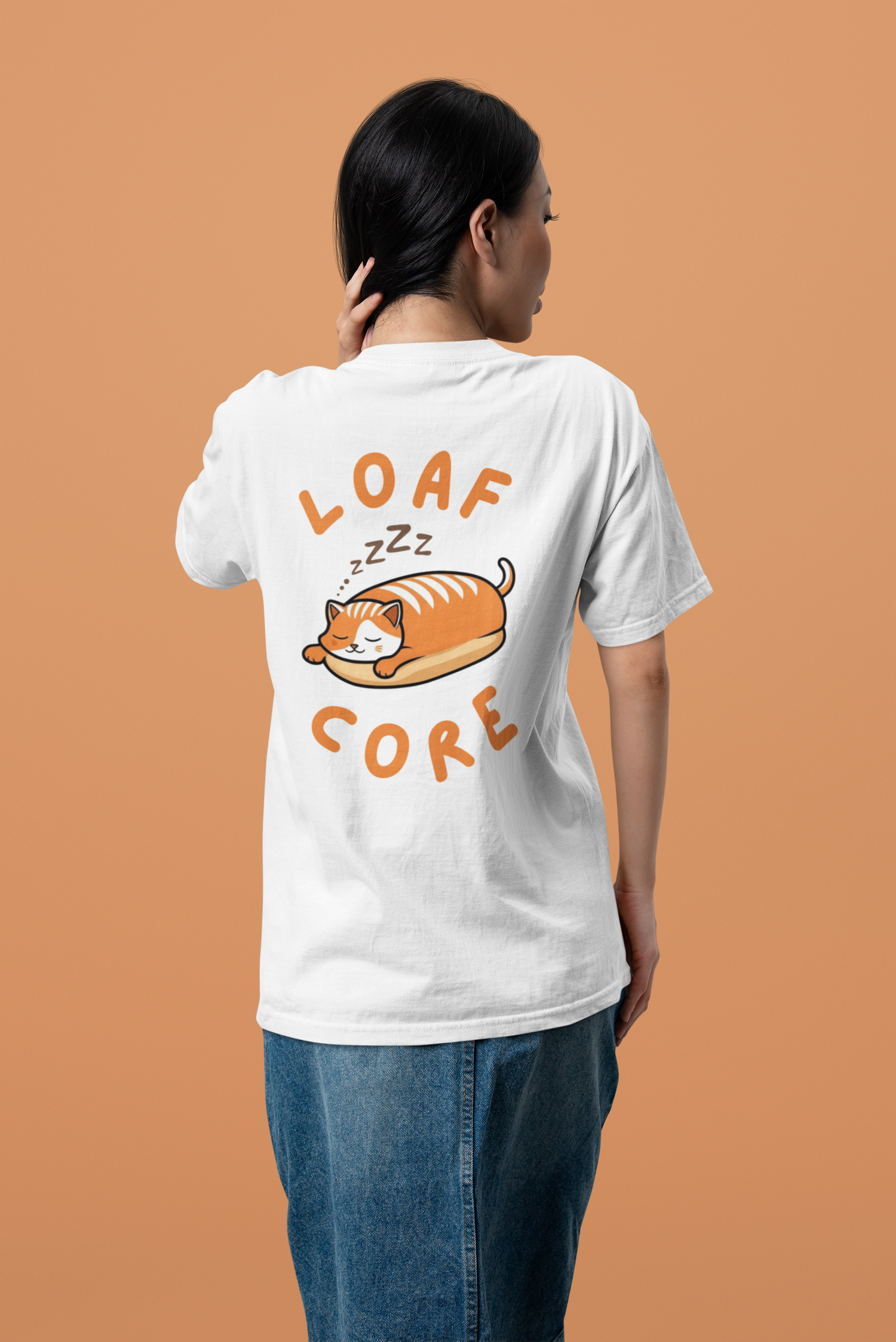 Lifestyle image of cat shirt with cozy vibes