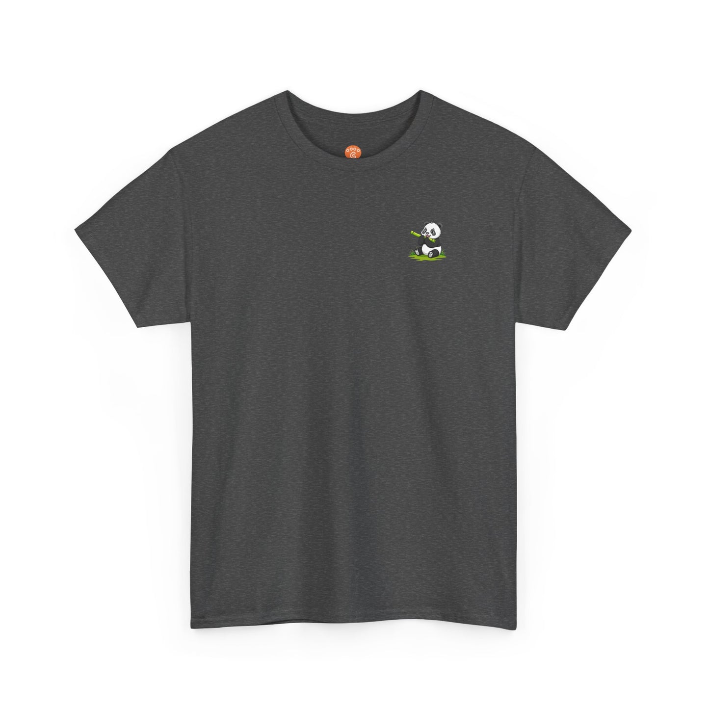 Front view of dark heather minimalist Panda Core T-Shirt with small panda design