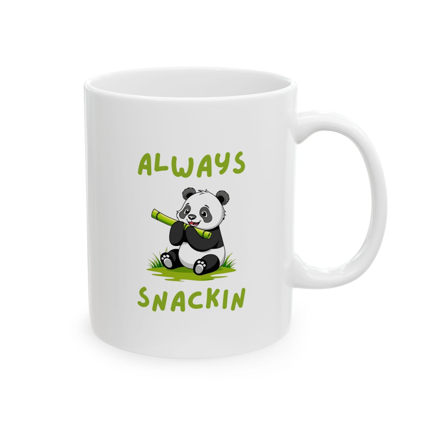 Handle on the right view of Panda Core Always Snackin Mug with cute panda graphic