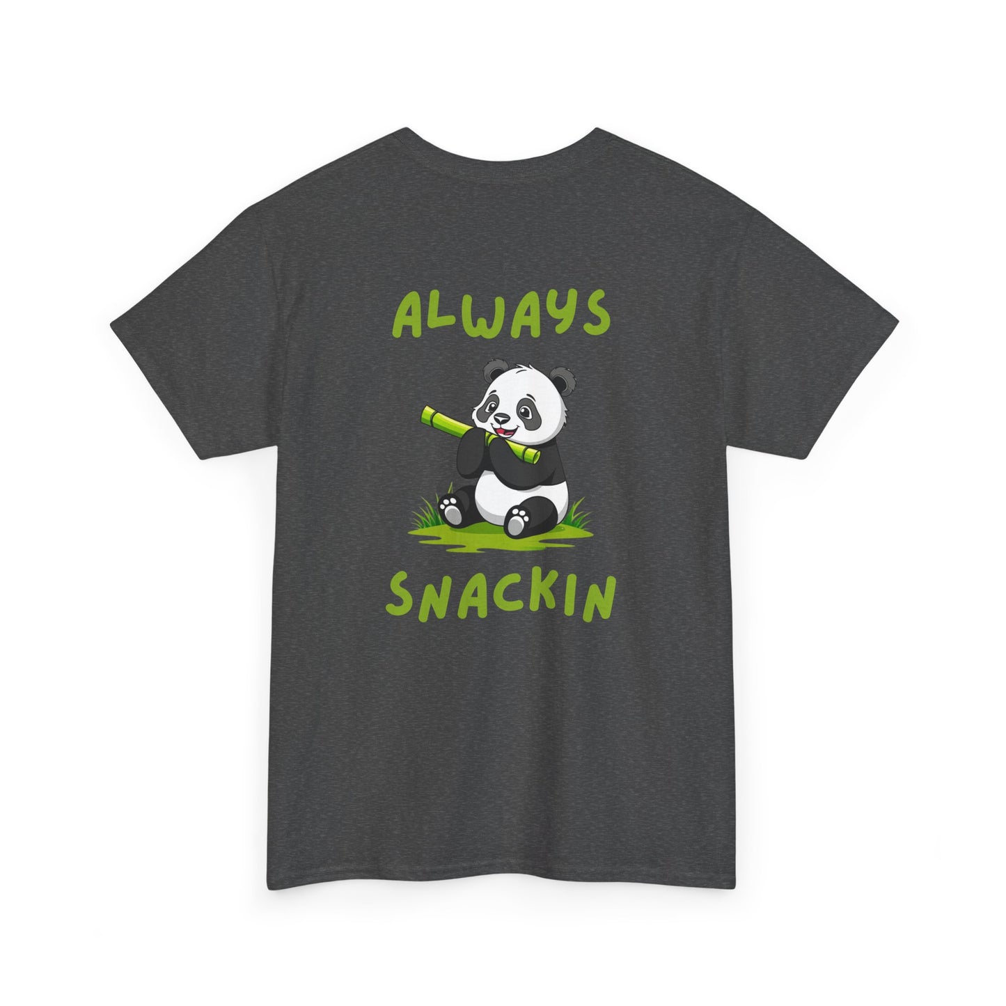 Back view of dark heather Always Snackin Panda Core T-Shirt with small panda design