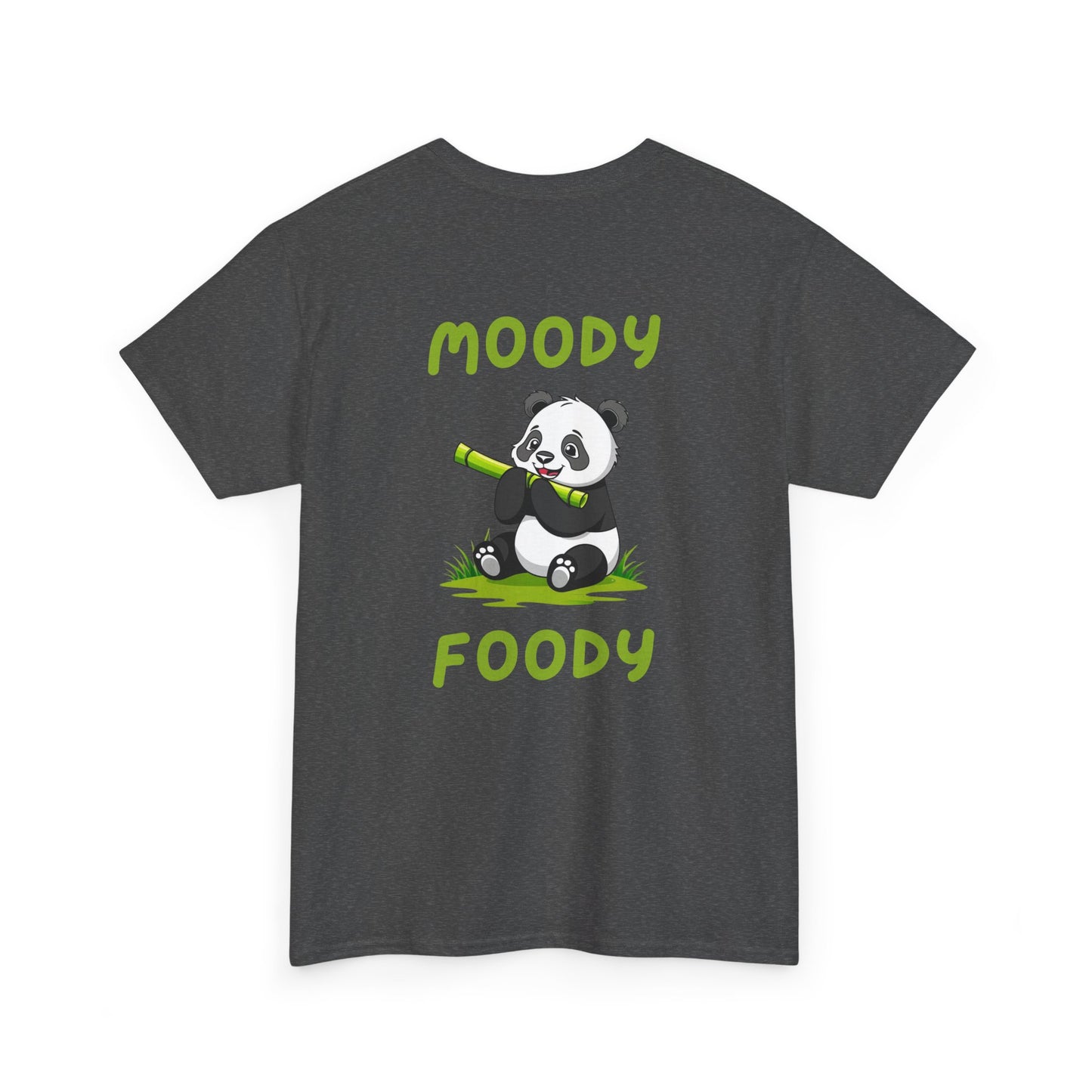 Back view of dark heather Moody Foody Panda Core T-Shirt with small panda design