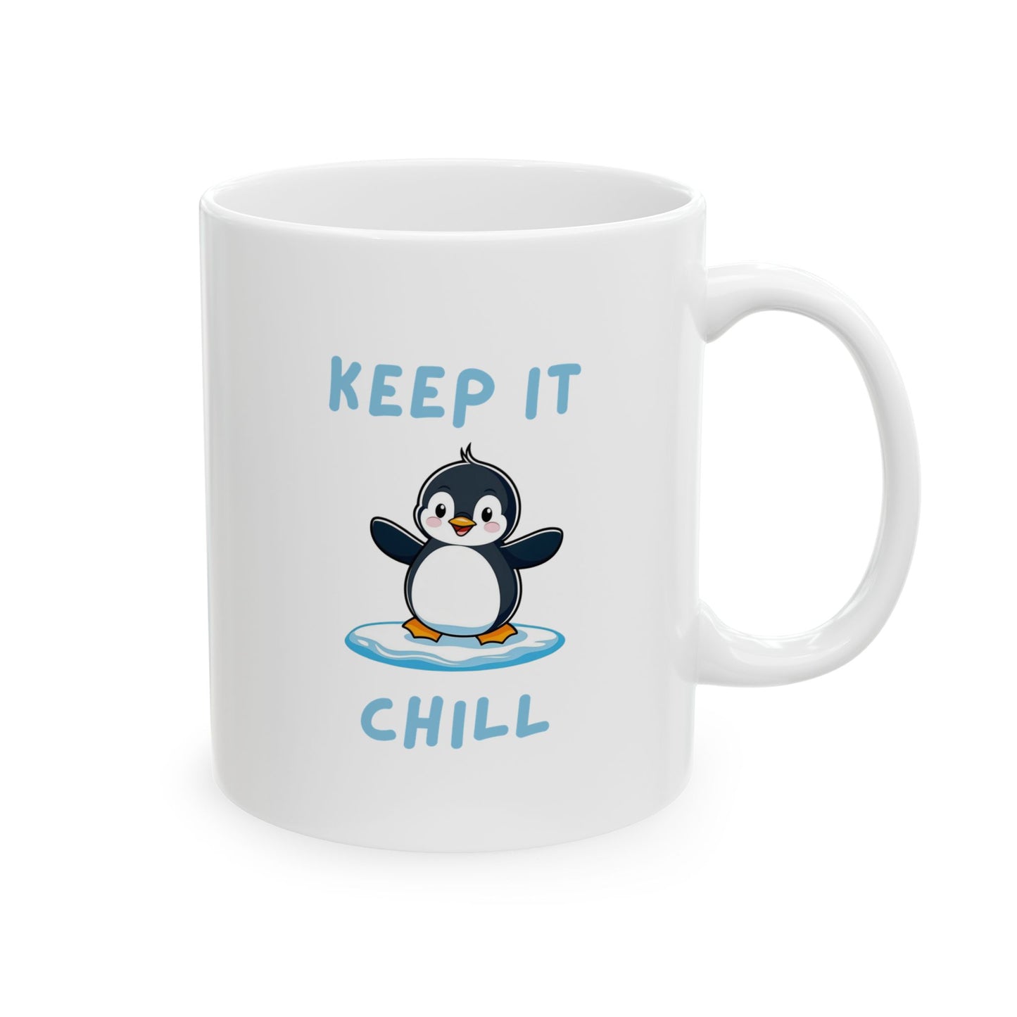 Handle on the right view of Penguin Core Keep It Chill ceramic mug with cute penguin design – animal lover gift
