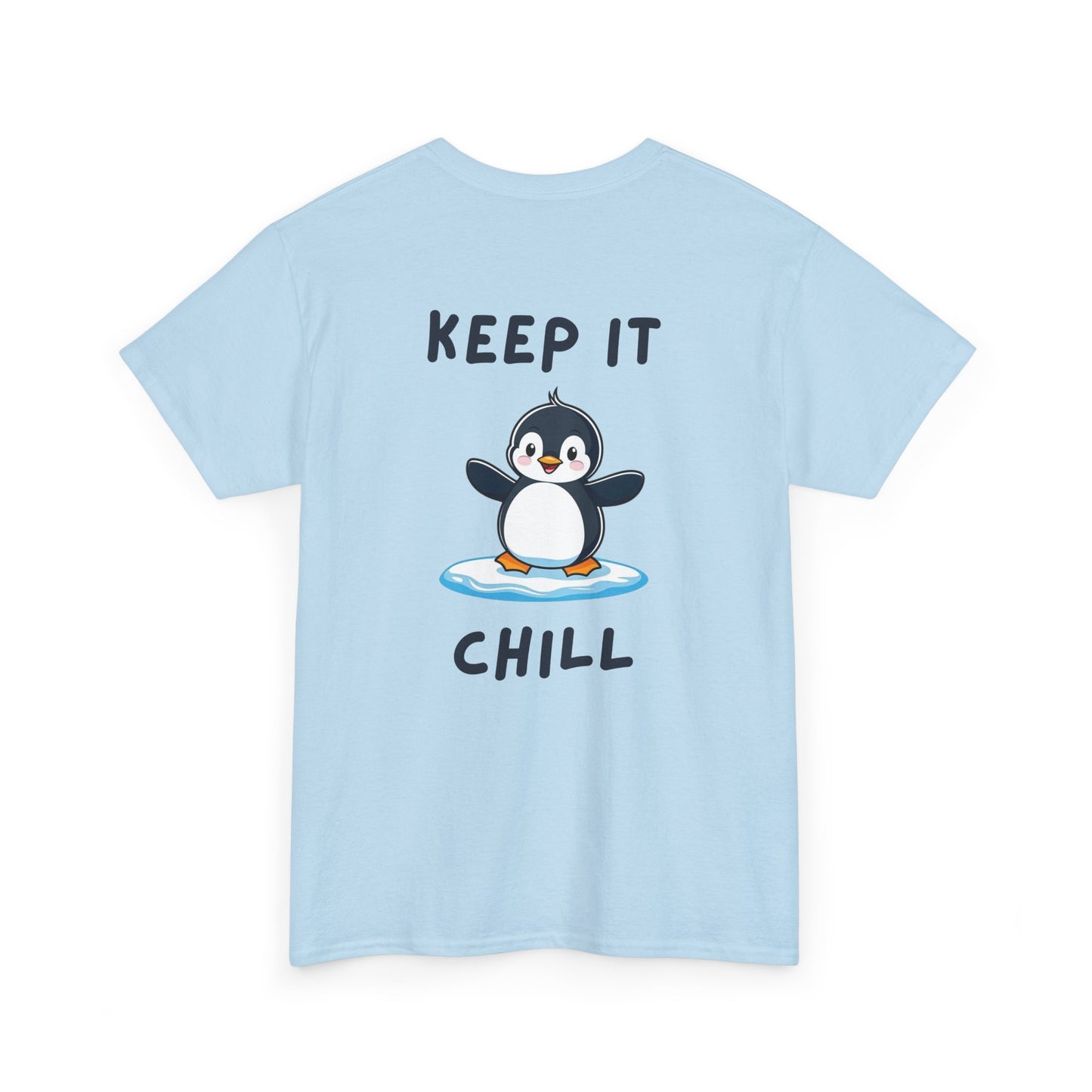 Back view of light blue Keep It Chill Penguin Core T-Shirt with cute penguin design