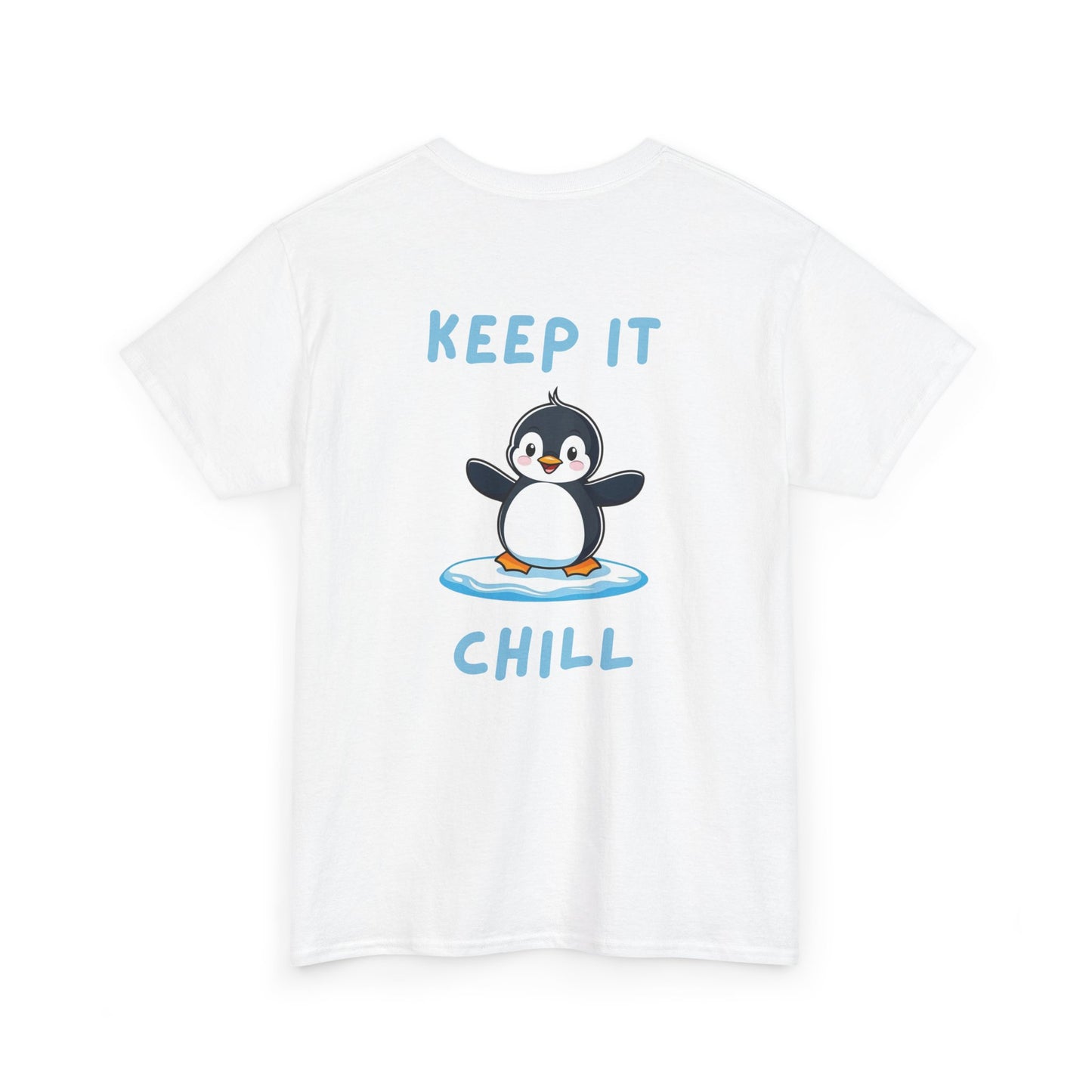 Back view of white Keep It Chill Penguin Core T-Shirt with cute penguin design