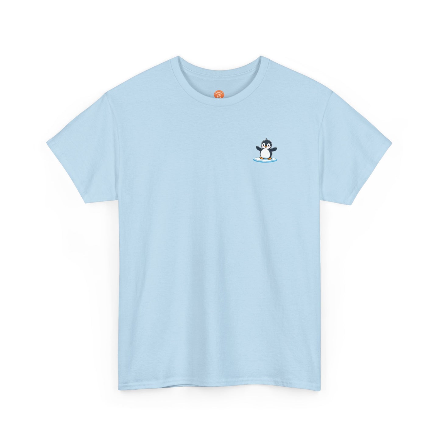 Front view of light blue Life Must Waddle On Penguin Core T-Shirt with cute penguin design