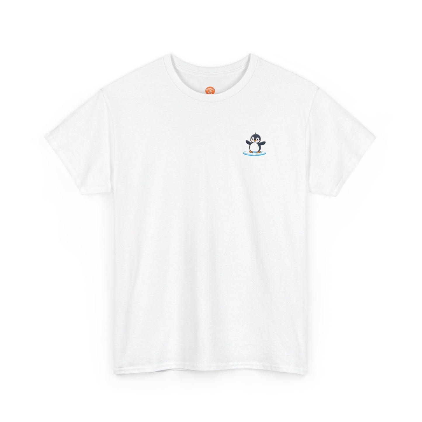 Front view of white Life Must Waddle On Penguin Core T-Shirt with cute penguin design