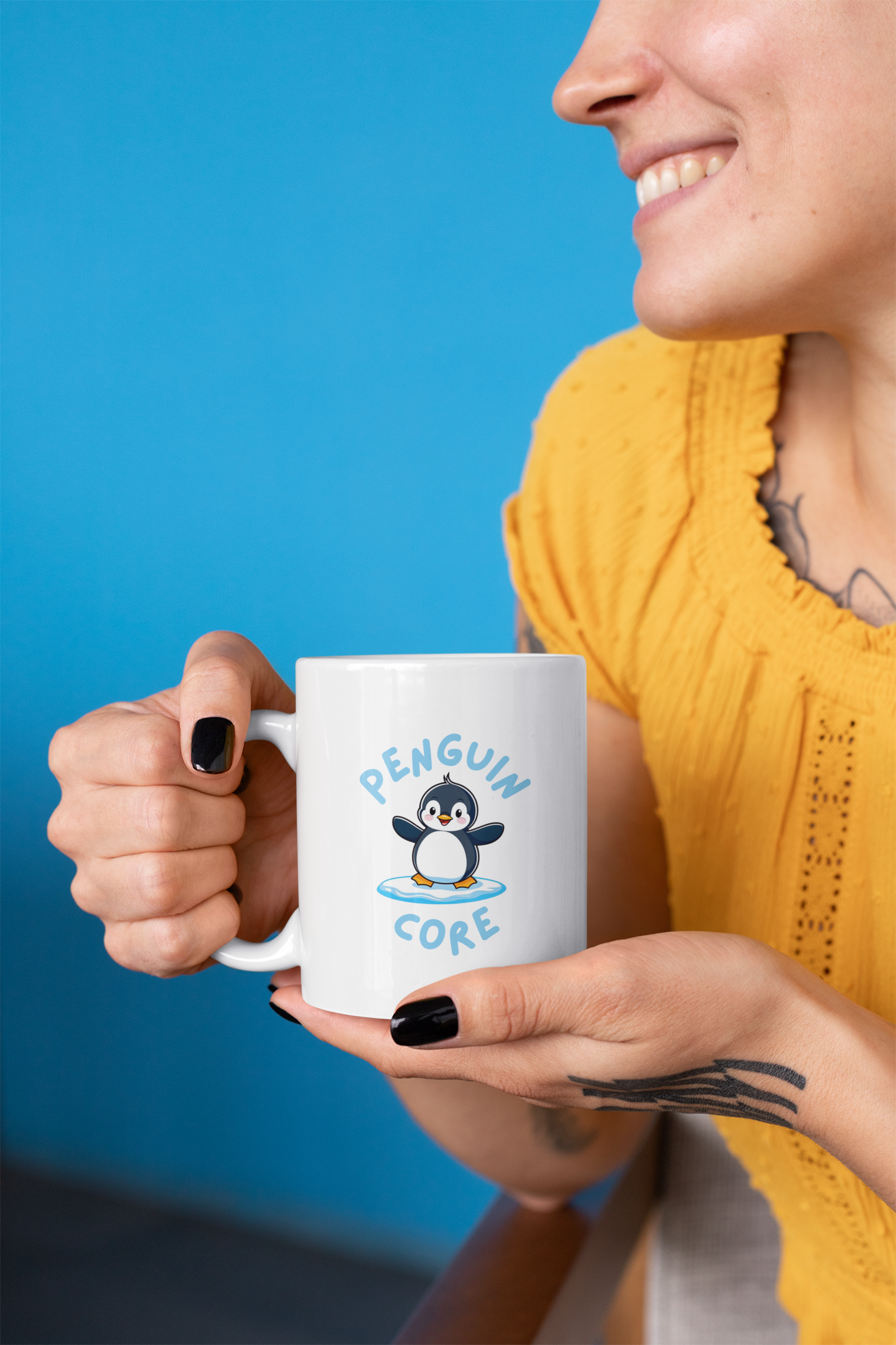 Lifestyle mockup of Penguin Core ceramic mug with cute penguin design – animal lover gift