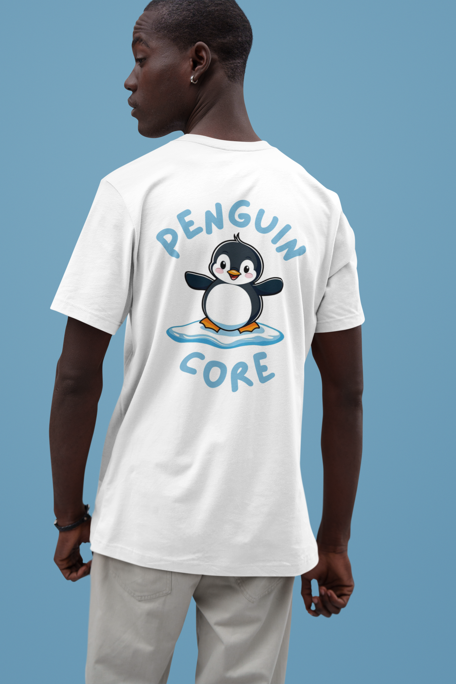 Lifestyle mockup of Penguin Core t-shirt with cute penguin graphic – animal lover shirt