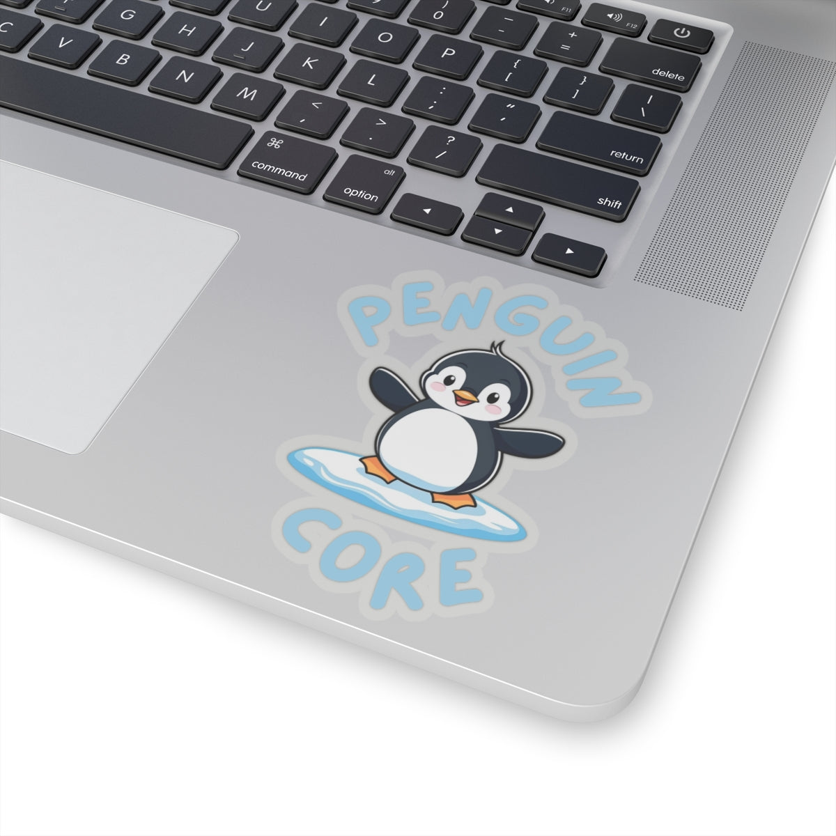 Transparent 4x4 Penguin Core kiss-cut sticker with cute penguin design – perfect for animal lovers - on laptop