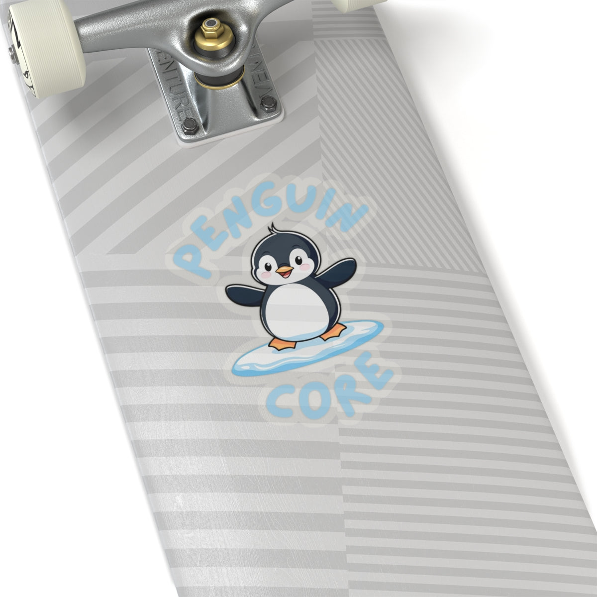 Transparent 6x6 Penguin Core kiss-cut sticker with cute penguin design – perfect for animal lovers - on skateboard deck