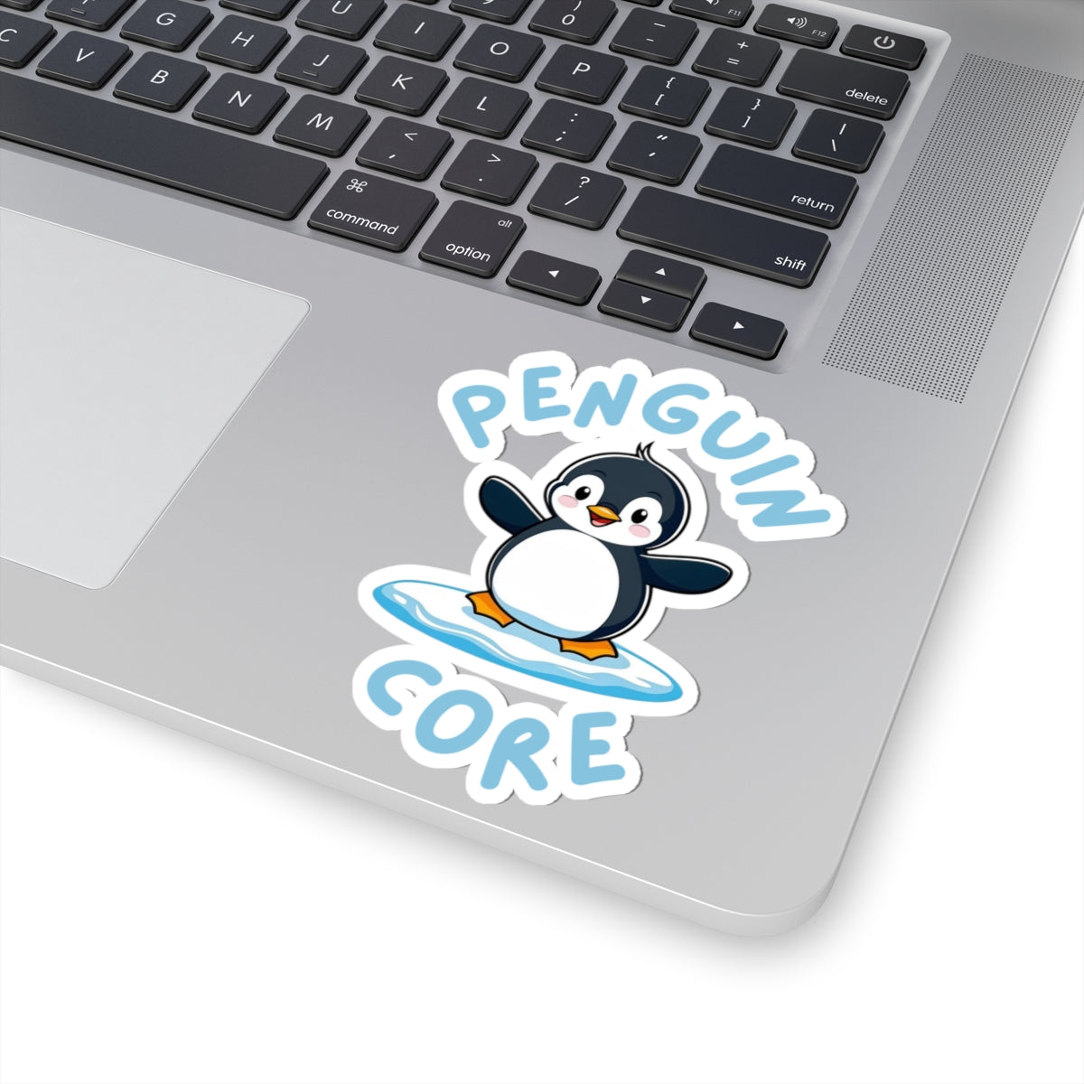 White 4x4 Penguin Core kiss-cut sticker with cute penguin design – perfect for animal lovers - on laptop