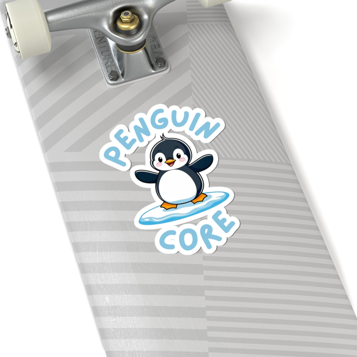 White 6x6 Penguin Core kiss-cut sticker with cute penguin design – perfect for animal lovers - on skateboard deck