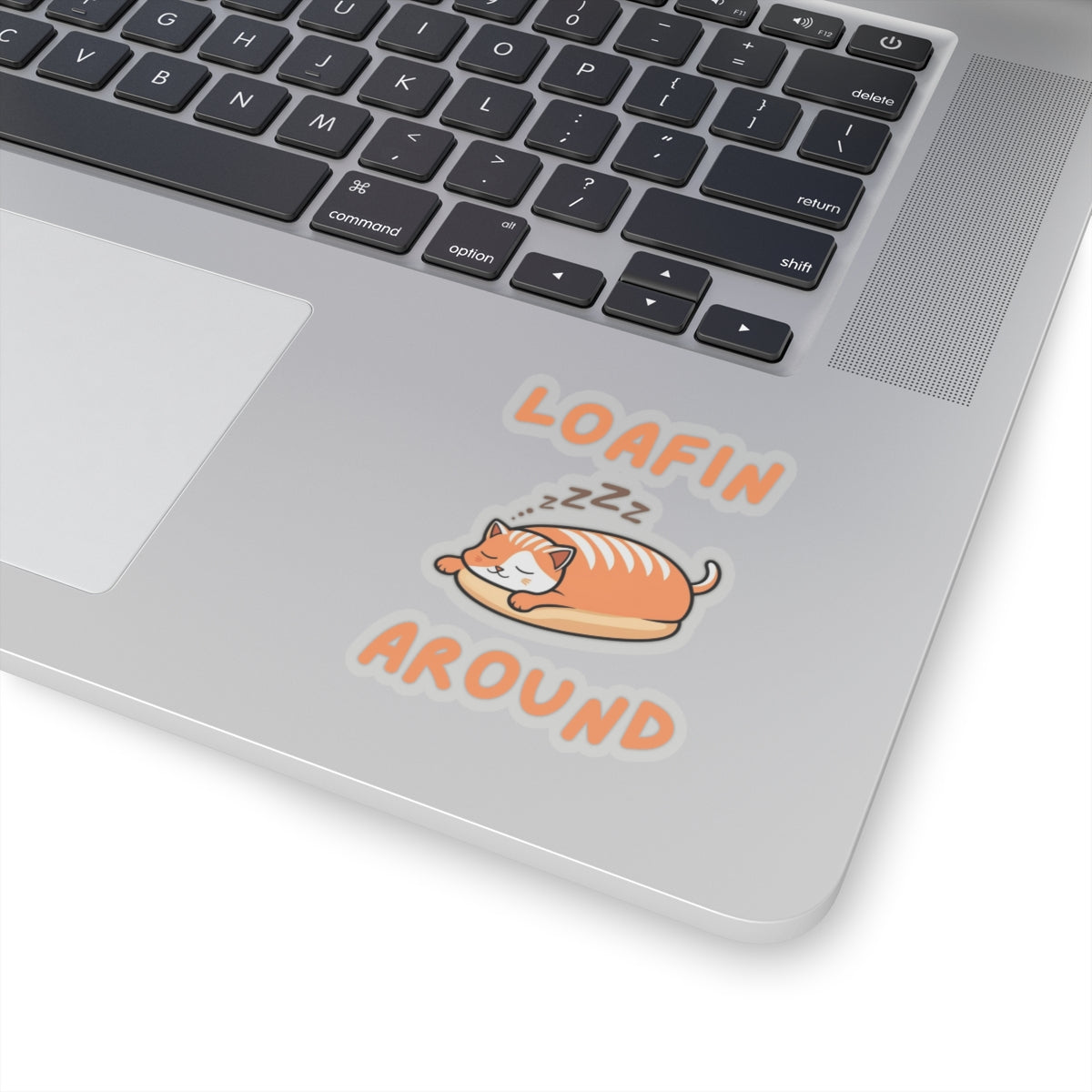 3x3 transparent cute loafin around loaf cat sticker with orange eepy cat design on a laptop