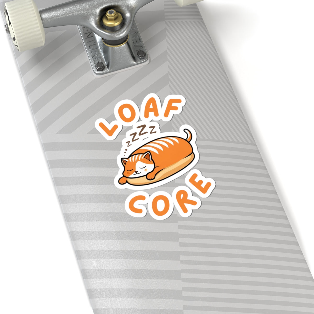 6x6 white cute loaf cat sticker with orange eepy cat design on a skateboard deck