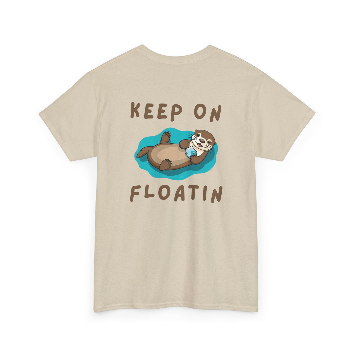 Back view of sand Keep on Floatin Otter Core t-shirt with sea otter design