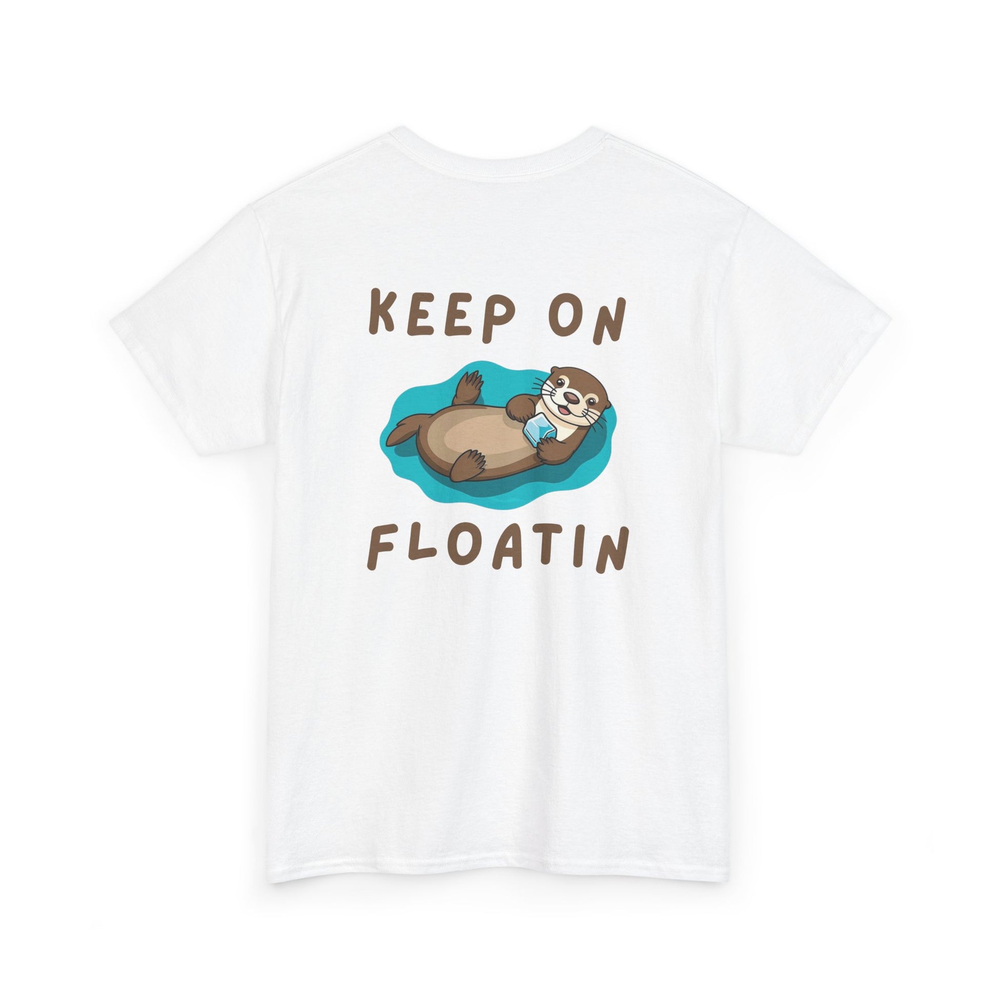Back view of white Keep on Floatin Otter Core t-shirt with sea otter design
