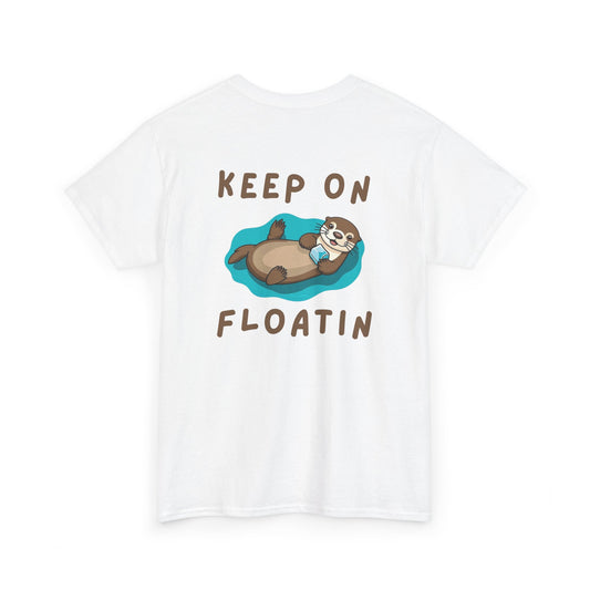 Back view of white Keep on Floatin Otter Core t-shirt with sea otter design