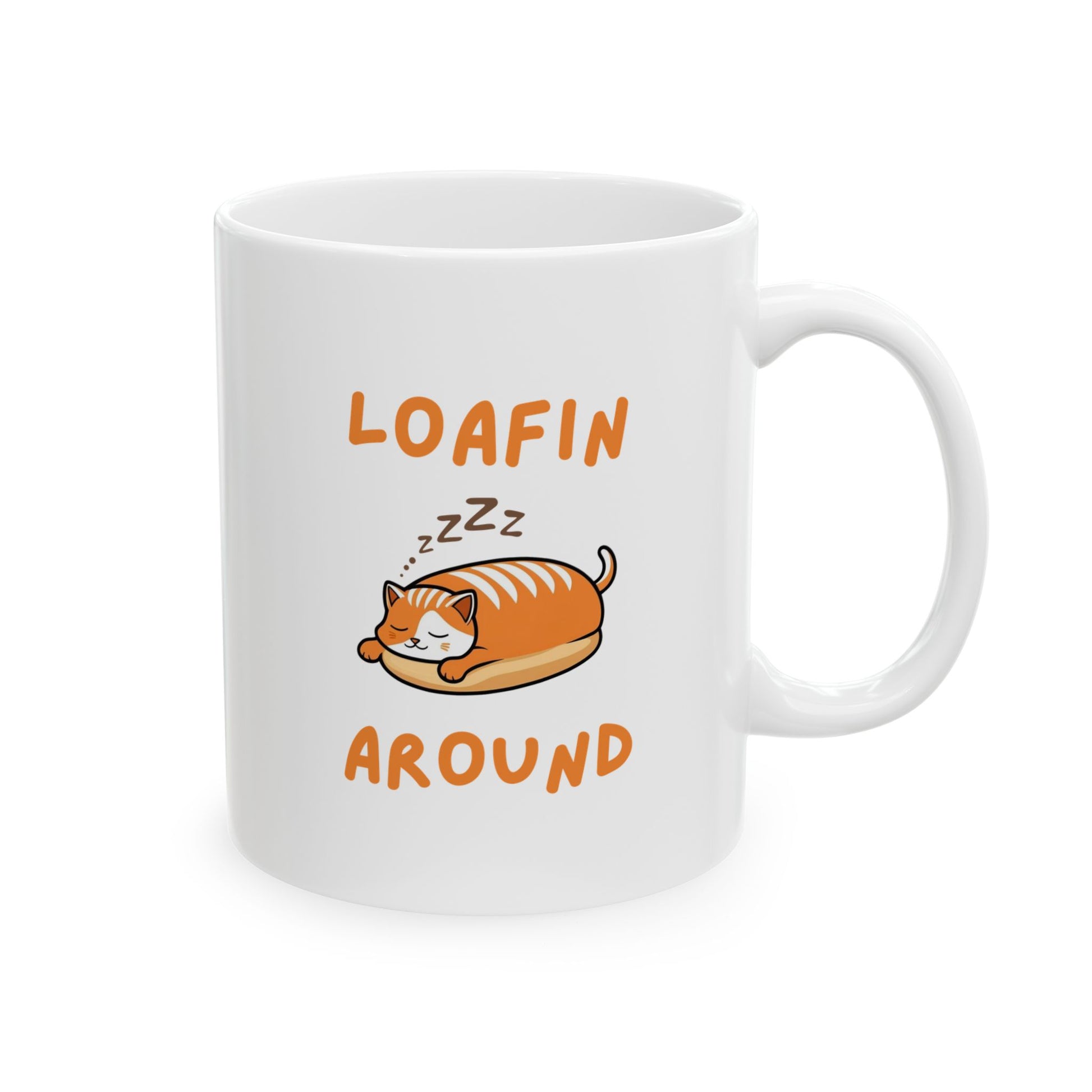 Handle on the right view of Loaf Core Loafin Around cat mug with eepy cat design