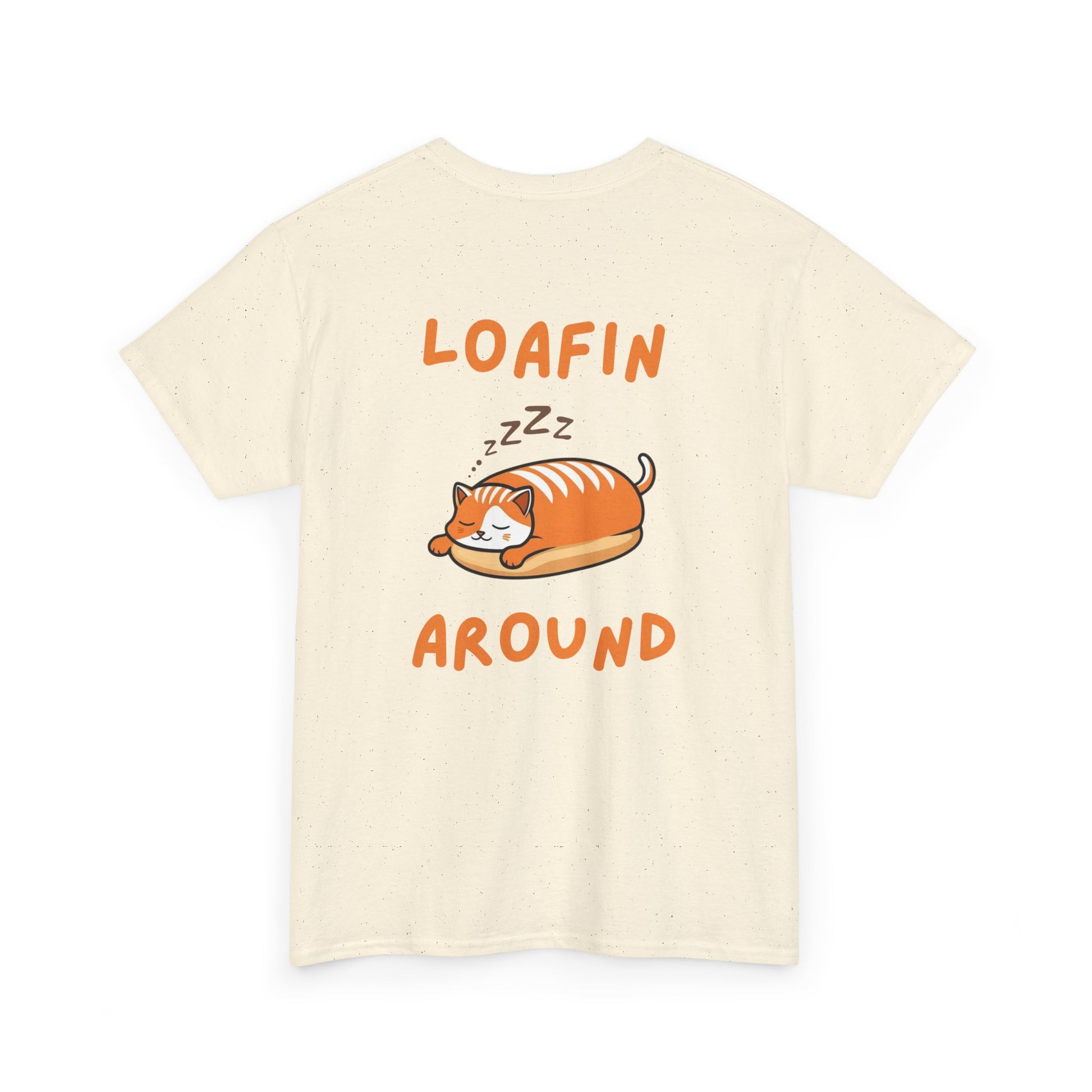 Back view of natural Loafin Around Loaf Core t-shirt with eepy loaf cat graphic