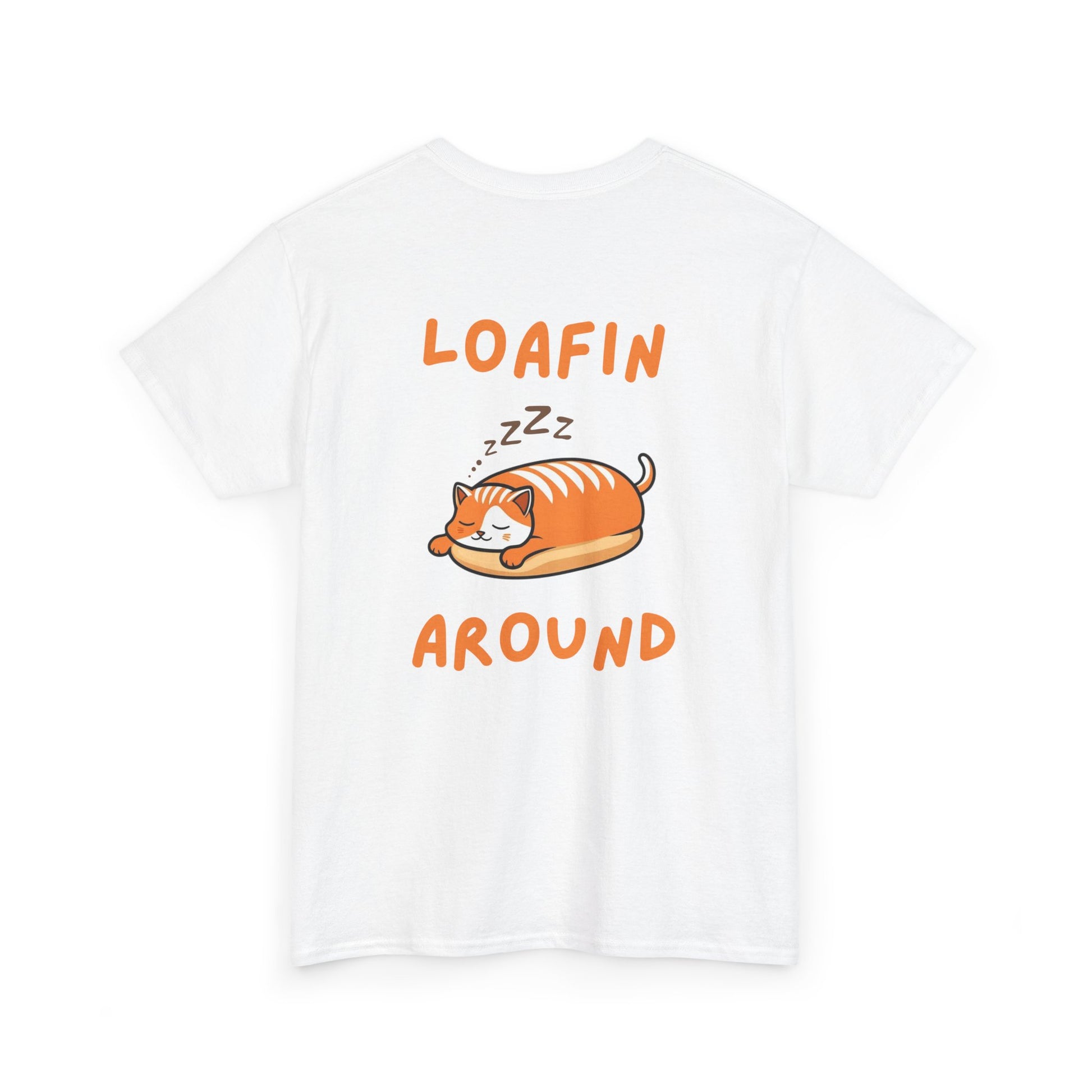Back view of white Loafin Around Loaf Core t-shirt with eepy loaf cat graphic