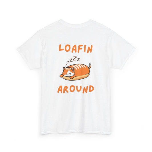 Back view of white Loafin Around Loaf Core t-shirt with eepy loaf cat graphic
