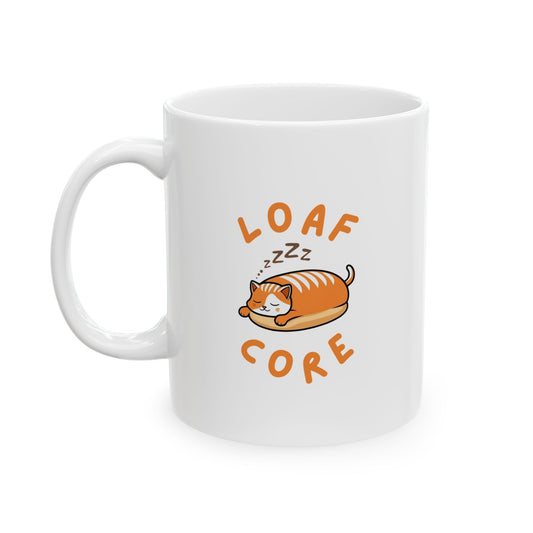 Handle on the left view of Loaf Core cat mug with eepy cat design