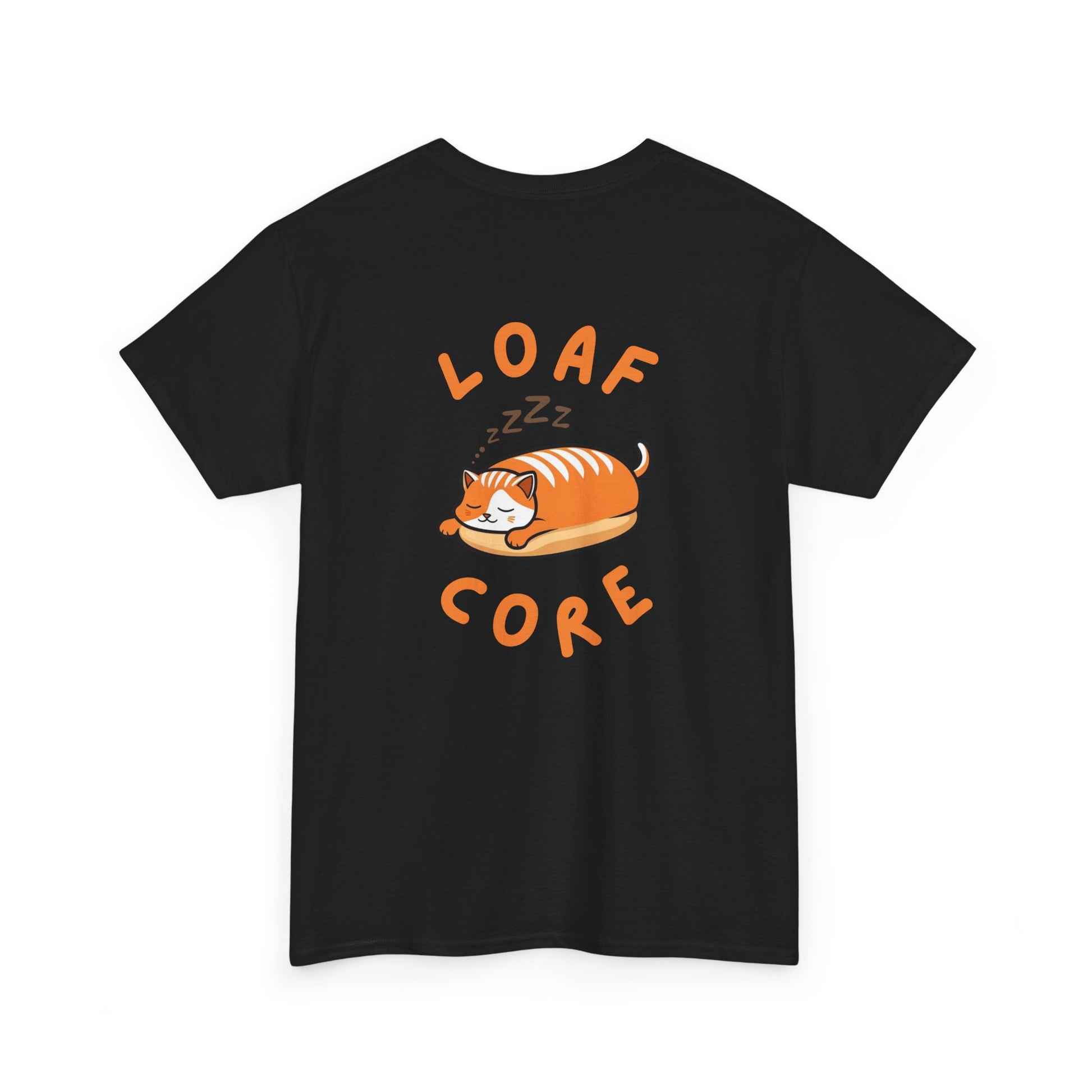 Back view of black cat shirt with eepy loaf cat graphic