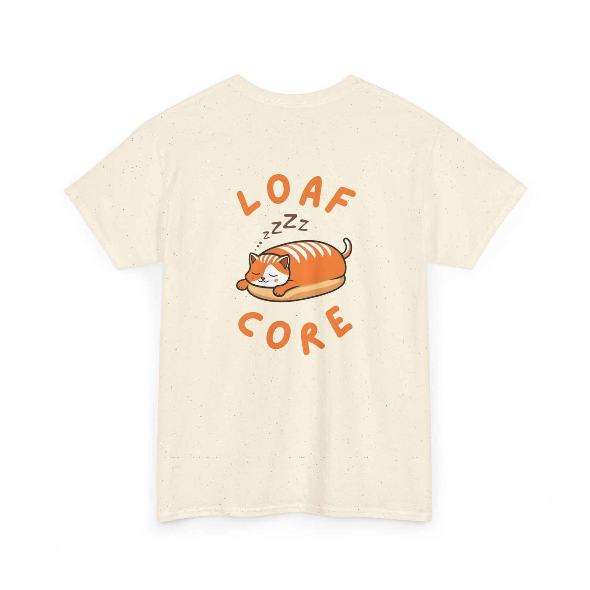 Back view of natural cat shirt with eepy loaf cat graphic