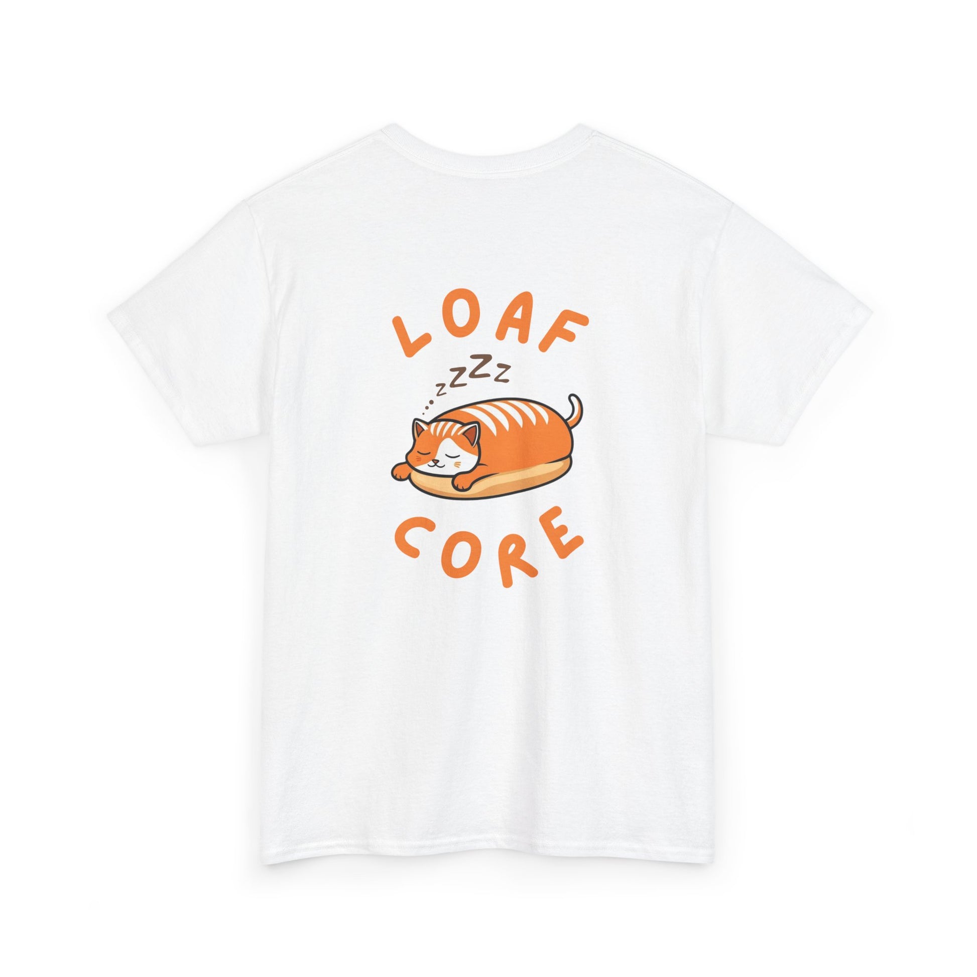 Back view of white cat shirt with eepy loaf cat graphic