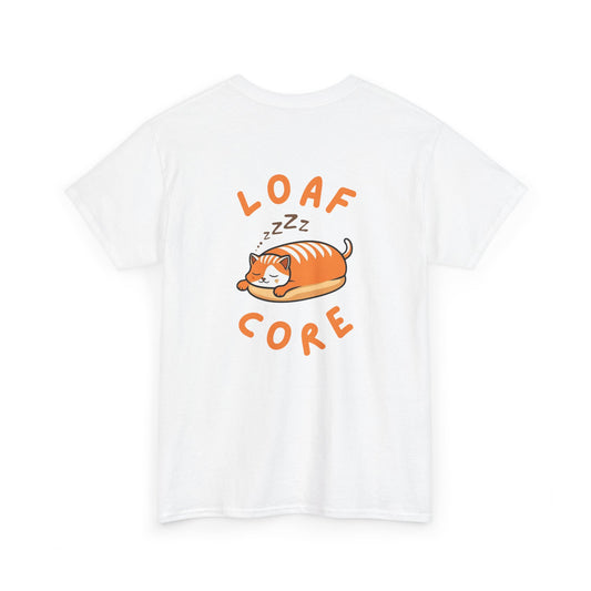 Back view of white cat shirt with eepy loaf cat graphic