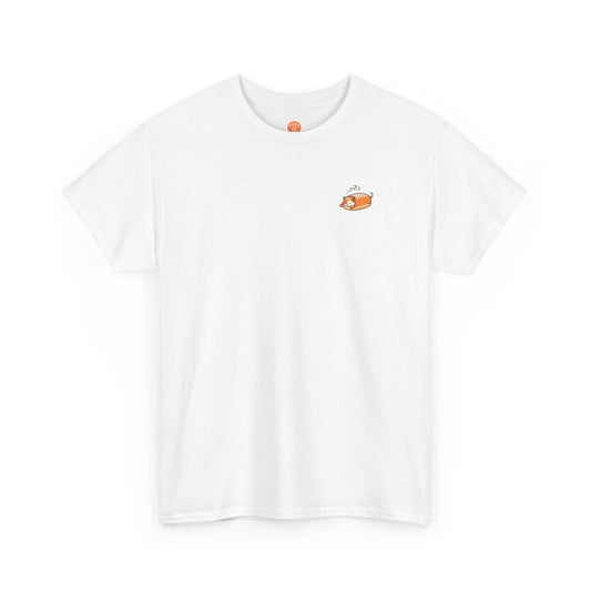 Front view of white minimalist loaf core cat shirt with eepy loaf cat graphic