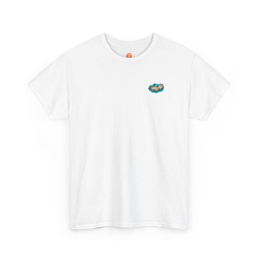 Front view of white minimalist Otter Core t-shirt with sea otter design