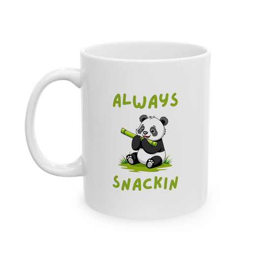 Handle on the left view of Panda Core Always Snackin Mug with cute panda graphic