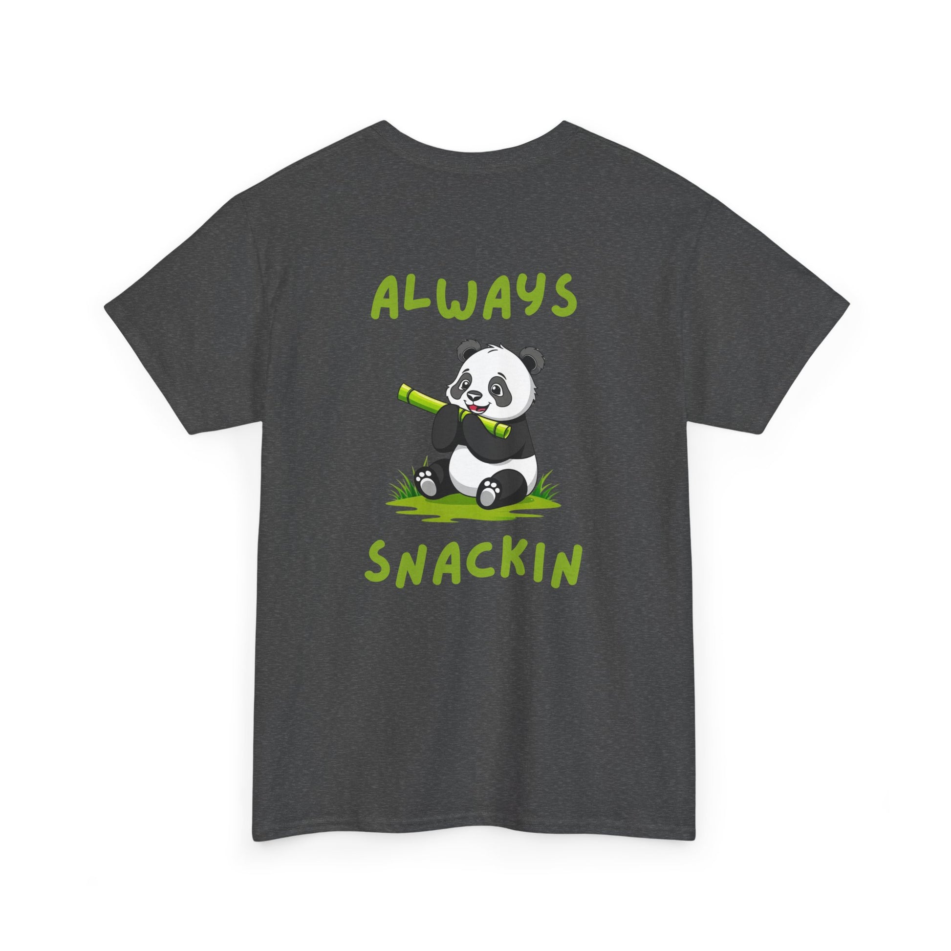 Back view of dark heather Always Snackin Panda Core T-Shirt with small panda design