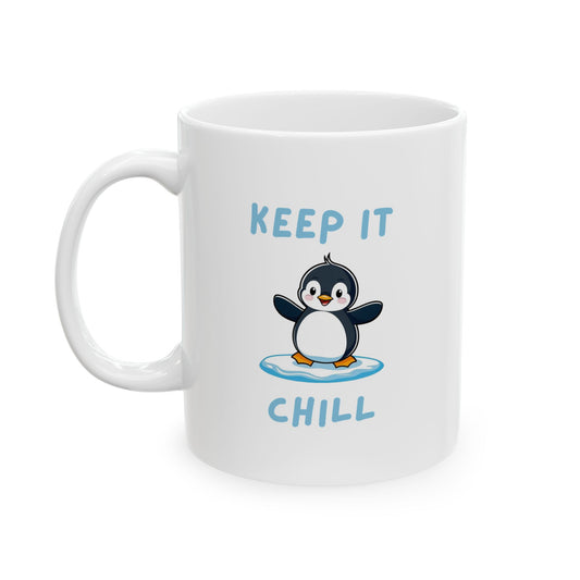 Handle on the left view of Penguin Core Keep It Chill ceramic mug with cute penguin design – animal lover gift
