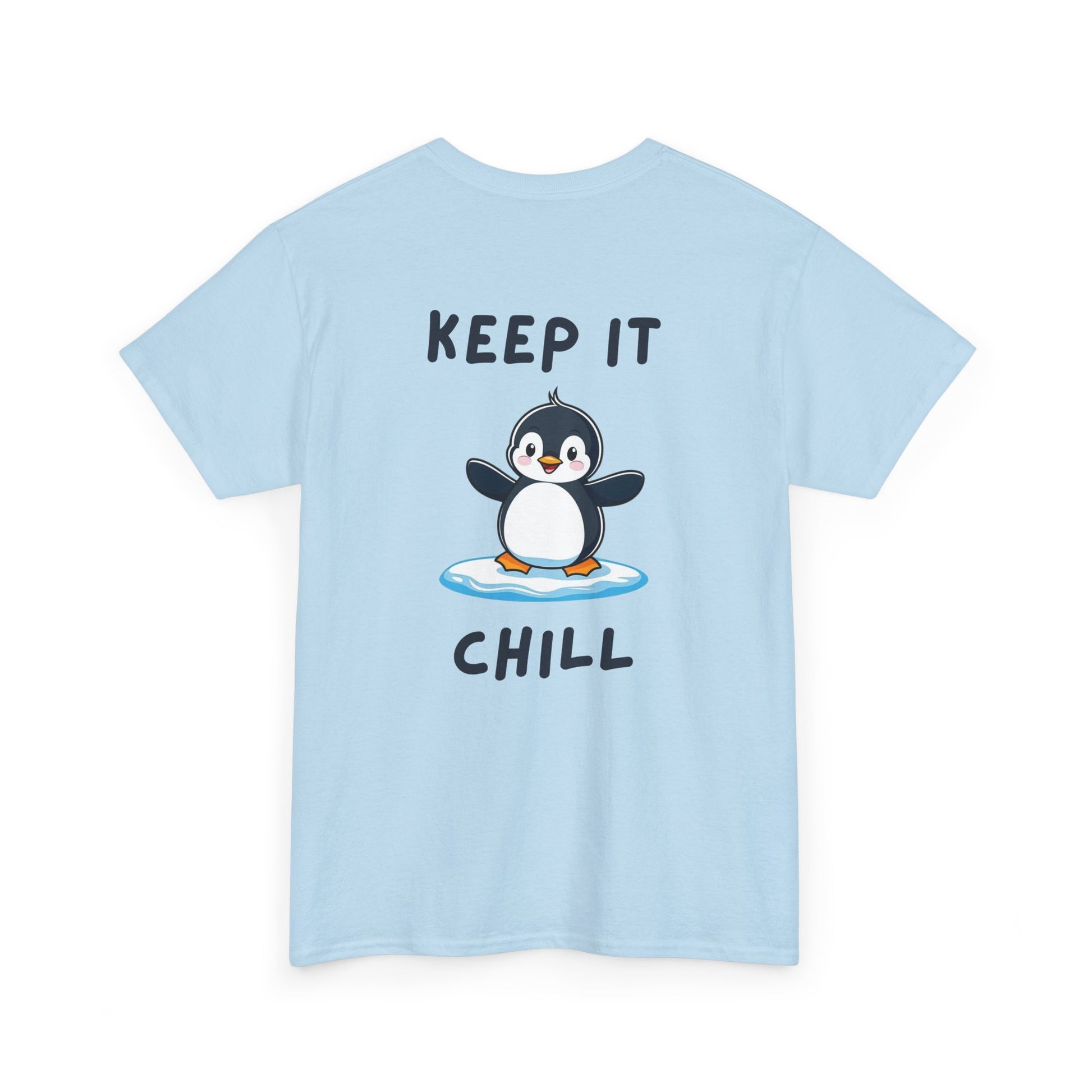 Back view of light blue Keep It Chill Penguin Core T-Shirt with cute penguin design
