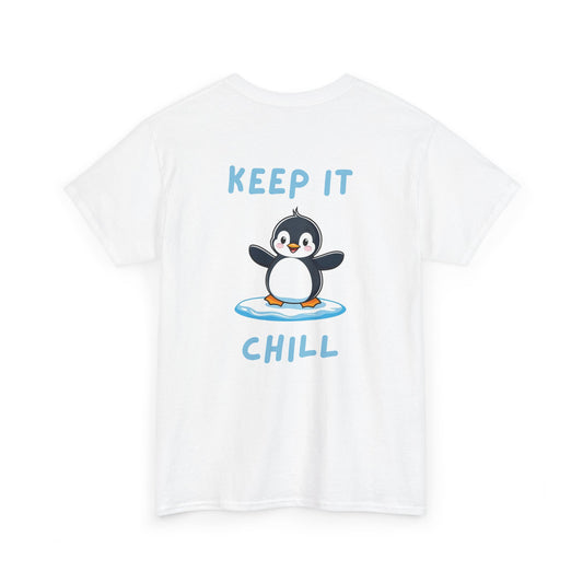 Back view of white Keep It Chill Penguin Core T-Shirt with cute penguin design